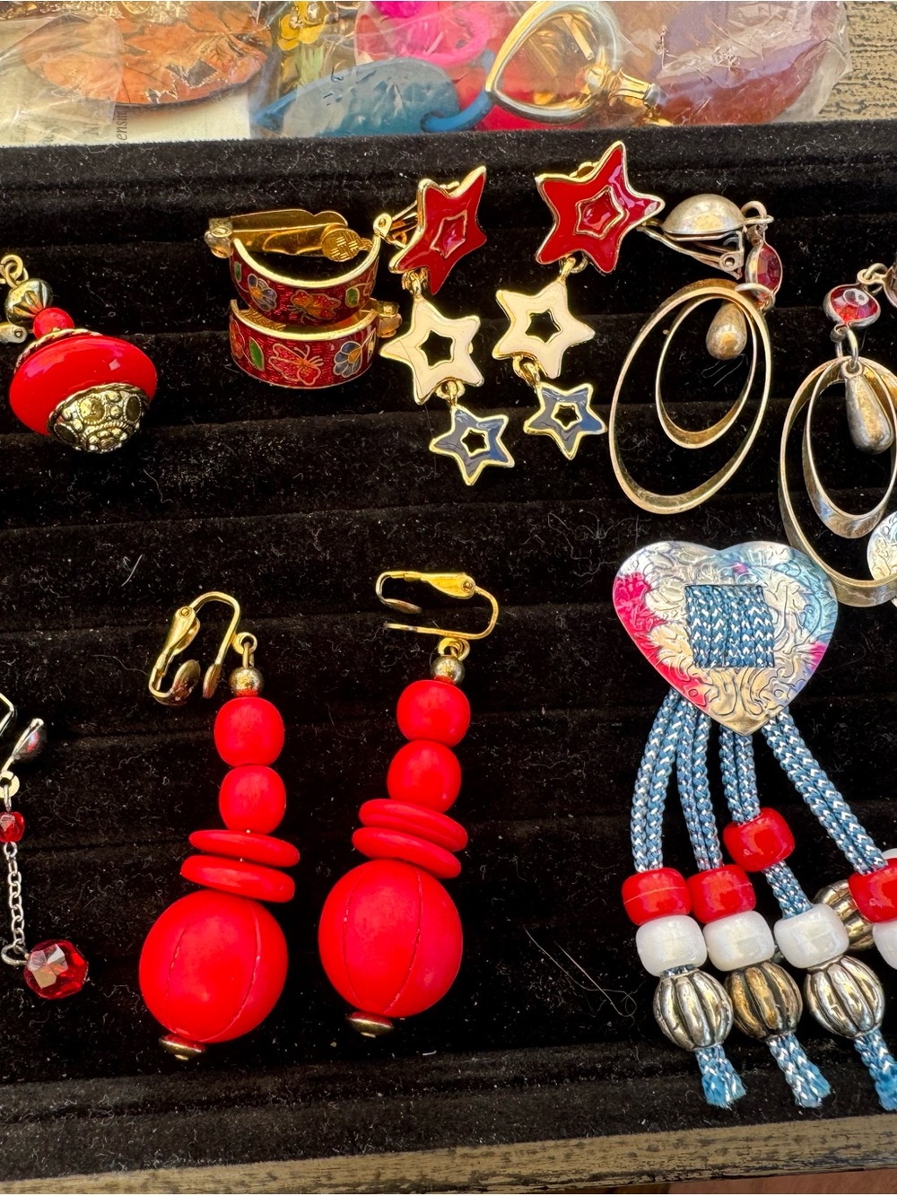 Red white and blue Fourth of July patriotic Bold Red Bead Clip-On Earrings Lot